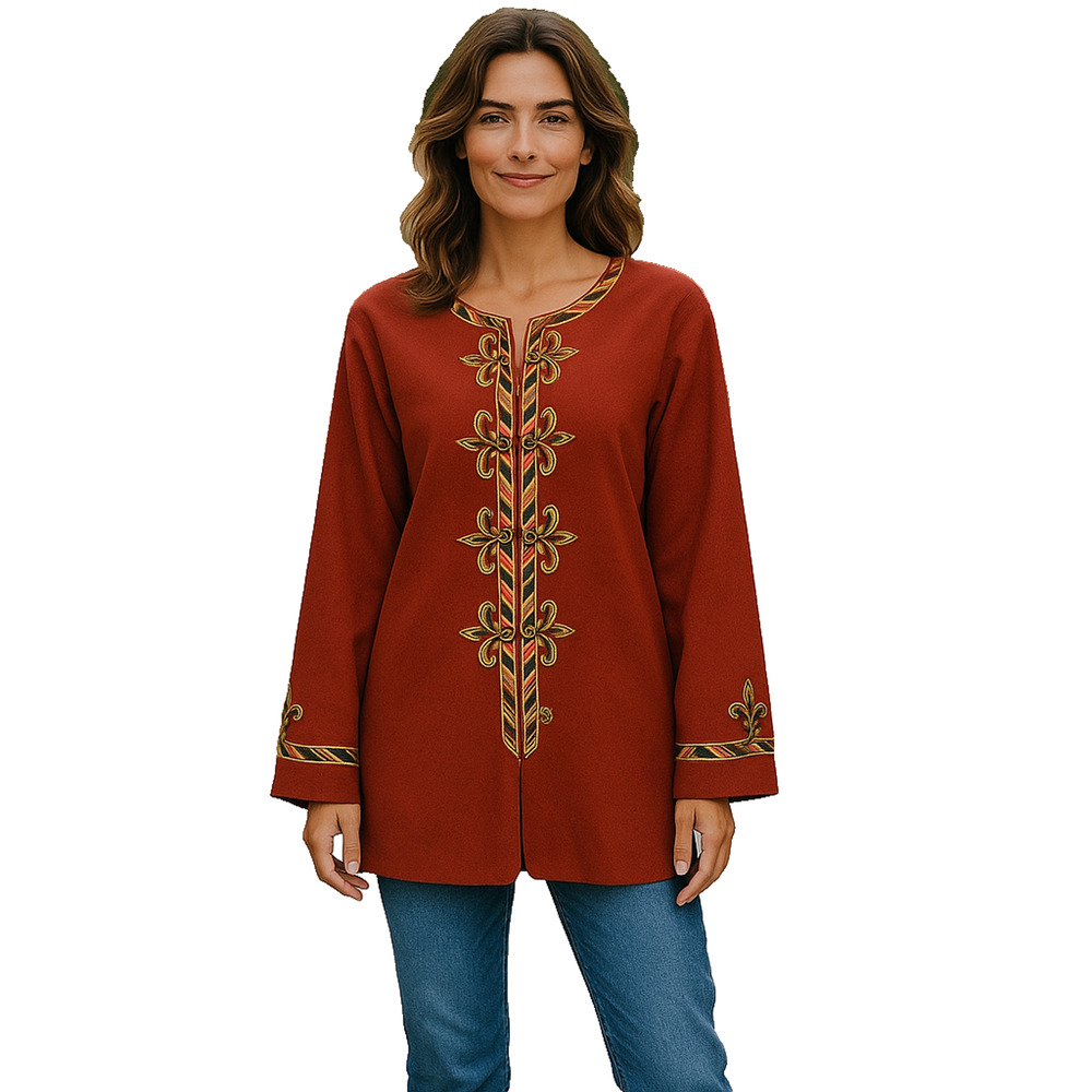 Bob Mackie Wearable Art Jacket 2X Red Embroidered Button Front Long Sleeve Boho